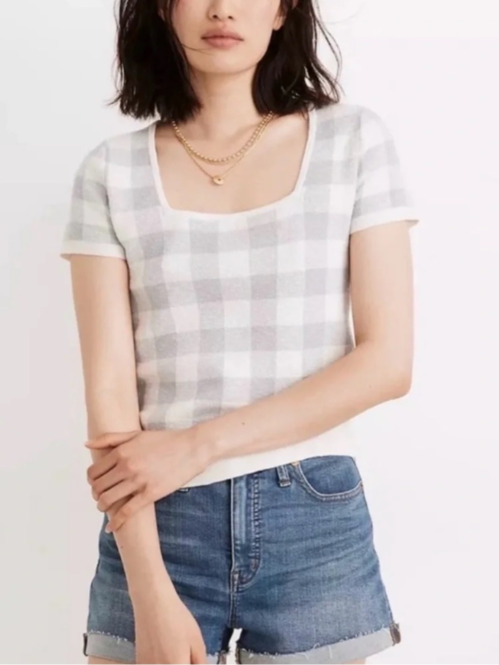 Madewell Gingham Square-Neck Short Sleeve Knit Top - White & Light Blue Size M